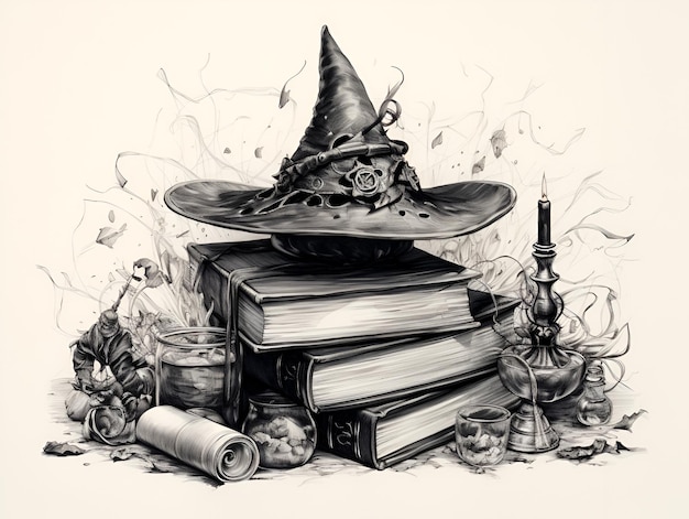 Photo un croquis en noir et blanc des livres de sorts et un chapeau de sorcière