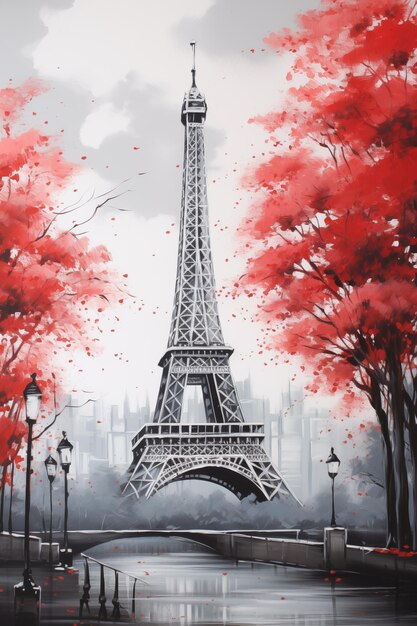 Le croquis parisien de la tour Eiffel avec des arbres rouges vibrants