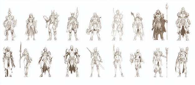 Des croquis de personnages fantastiques, des guerriers, des mages et d'autres personnages dans diverses poses et styles d'armure.