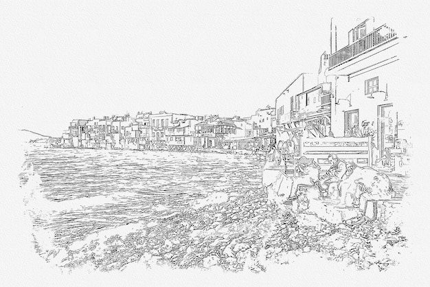 Croquis photo de la vue panoramique de la ville de Mykonos Cyclades IslandsMykonos Grèce