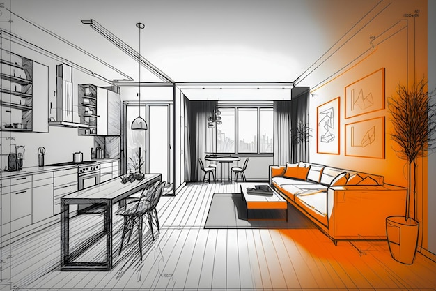 Croquis et plan intérieur lumineux d'un nouvel appartement illustration dessinée à la main