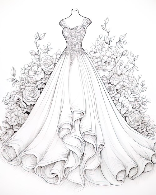 un croquis d'une robe de mariée avec un voile de mariée et des fleurs