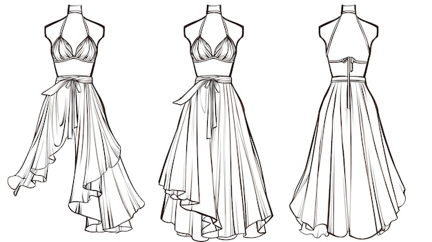 un croquis d'une robe avec un ruban attaché autour du bas