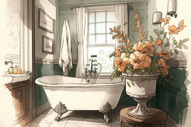 Croquis de salle de bain avec lavabo vintage et baignoire sur pattes entourée de fleurs épanouies