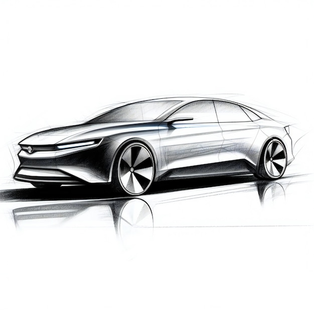 Croquis silhouette de voiture berline futuriste de toutes les dimensions dessinées au crayon blanc de couleur eau