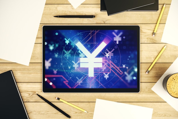 Croquis de symbole de yen japonais créatif sur la stratégie d'écran de tablette numérique moderne et le concept de prévision Vue de dessus Rendu 3D
