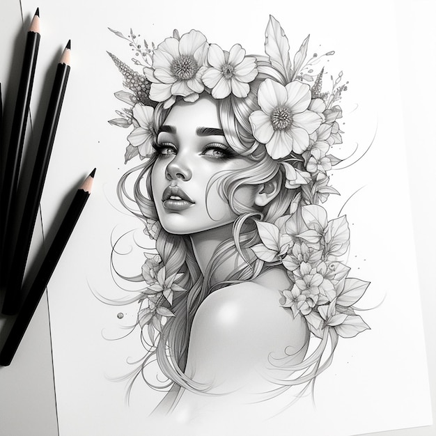 croquis de tatouage d'une belle fille en fleurs