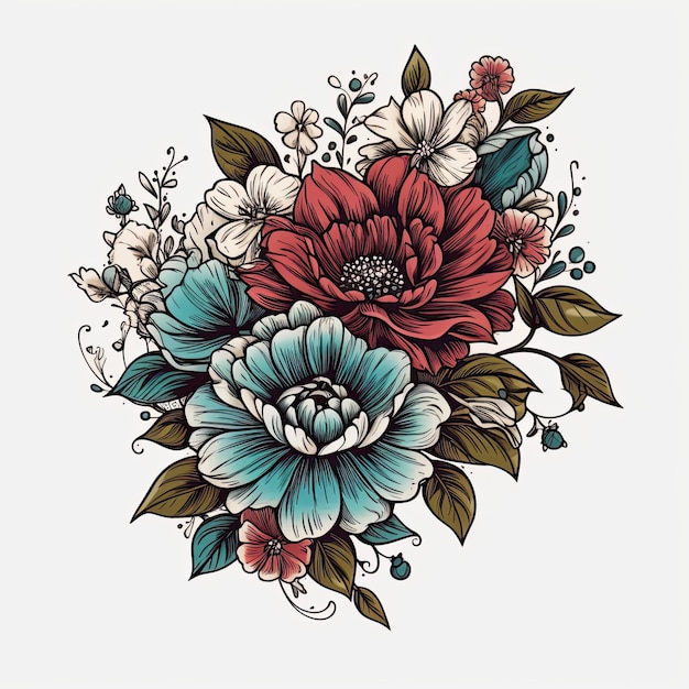 Photo croquis de tatouage floral décoratif coloré dans un style dessiné à la main
