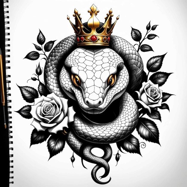 Photo croquis d'un tatouage d'un serpent avec une couronne dorée sur sa tête