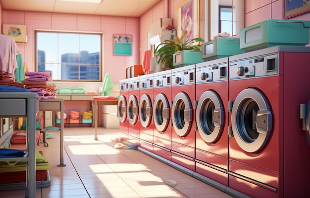 Photo croquis tiré d'une rangée de machines à laver industrielles dans une laverie publique photo de haute qualité