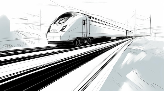 Croquis de train de dessin animé minimaliste sur le dessin en perspective de rail