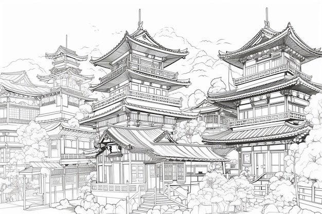 Un croquis d'une ville japonaise avec une pagode et un pont.