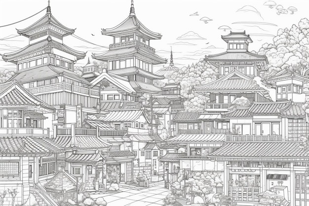 Un croquis d'une ville avec une pagode et un bâtiment avec un drapeau japonais dessus.