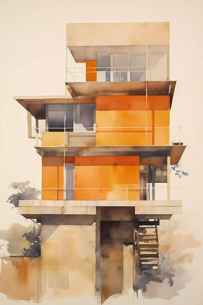 Croquis de visions architecturales et peinture à l'aquarelle du concept de construction de maison AI générative