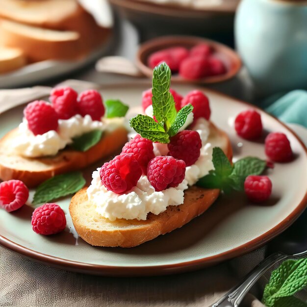 Crostini appétissants aux framboises ricotta et à la menthe sur une assiette sur la table