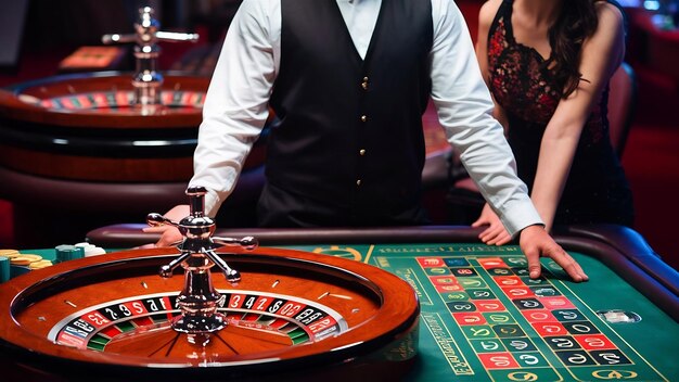 Photo un croupier et une joueuse à une table dans un casino, une image d'une roue de roulette de casino classique