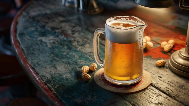 Une cruche de bière sur une table en bois.