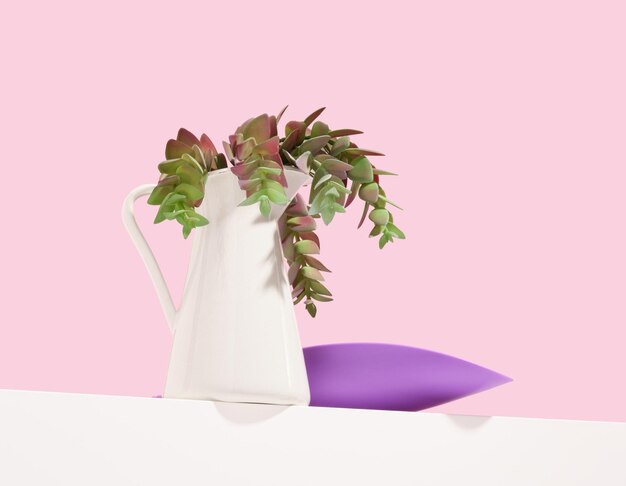 Une cruche de céramique blanche avec une plante verte et une cuillère de jardin violette