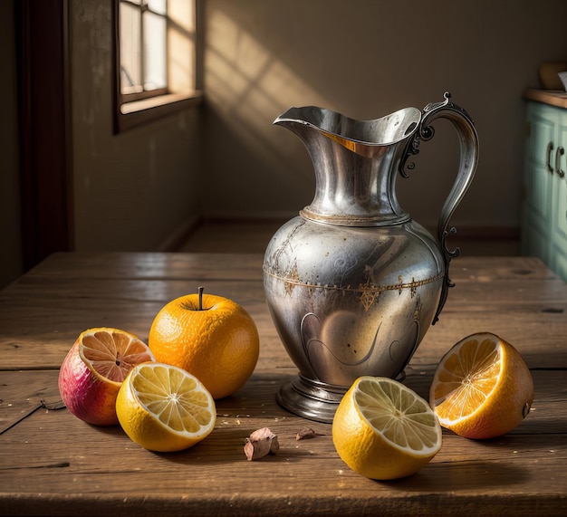 Une cruche de fer avec une nature morte de fruits