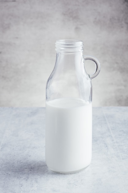 Cruche et verre plein de lait de vache frais