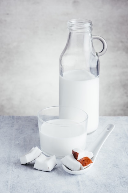 Photo cruche et verre rempli de lait de coco et de morceaux de noix de coco sur une cuillère