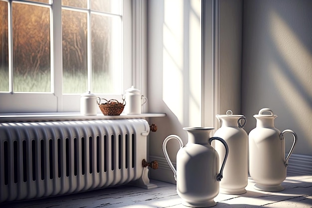 Cruches blanches sur le rebord de la fenêtre de la pièce avec radiateur de chauffage au sol et mural
