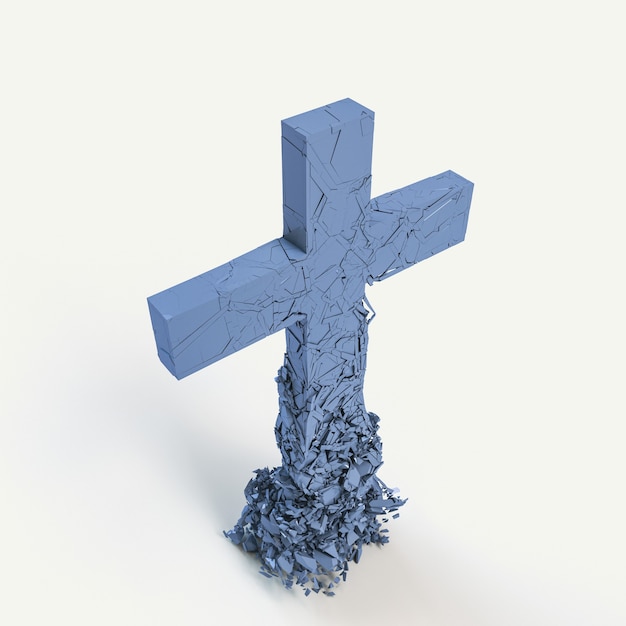 Le crucifix en béton se fragmente et s'effondre sur lui-même. rendu 3D