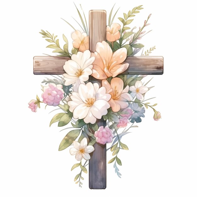 Le crucifix est décoré de fleurs.