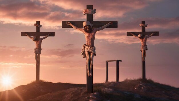 Photo la crucifixion de jésus-christ au lever du soleil trois croix sur la colline avec un espace de copie