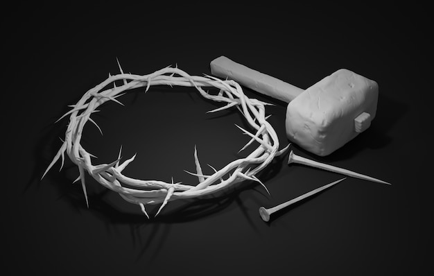 Crucifixion de Jésus-Christ - Croix avec des clous de marteau et une couronne d&#39;épines 3D fond sombre de rendu