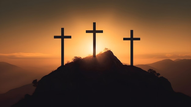 Crucifixion religion et christianisme concept silhouettes de trois croix sur la colline du calvaire sur golden