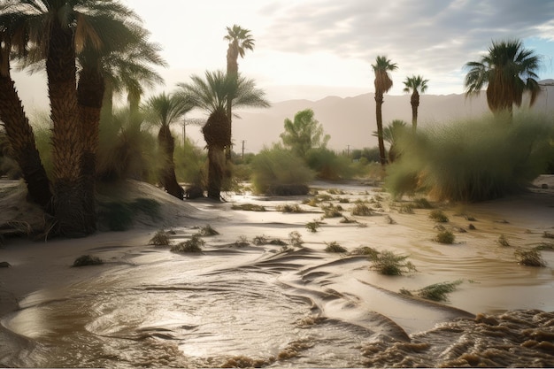 Crue éclair dans le désert avec des dunes de sable et des palmiers visibles