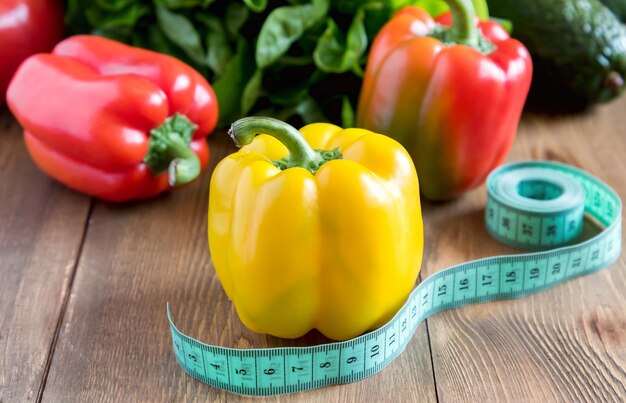 Crus beaux poivrons jaunes et rouges sur fond de bois Close up Légumes Aliments sains et diététiques