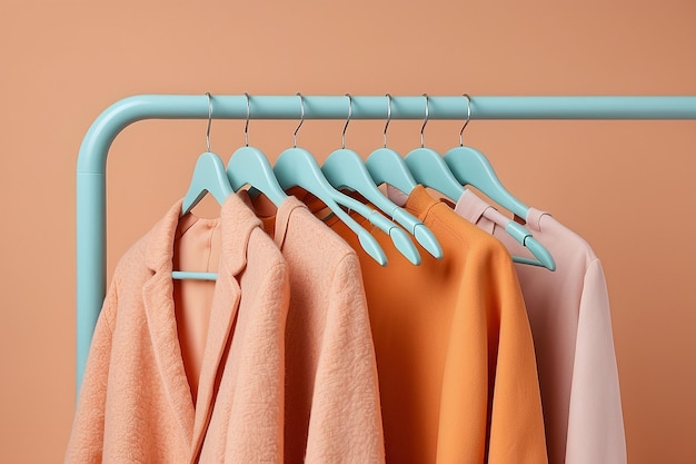 Le crush d'abricot est la couleur de tendance de l'année 2024 Les vêtements d'automne accrochés sur un rack avec de l'orange pastel