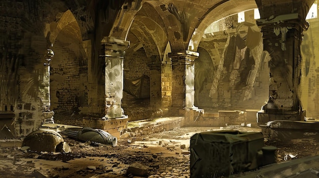 Photo crypte oubliée contenant les restes de chevaliers morts depuis longtemps mysticisme paranormal lieu effrayant poussière humidité crânes os pas une âme ruines structure souterraine peur génératif par ai