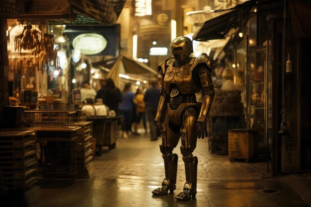 Cryptic Fantasy Surreal Arabian Market Street avec des robots cyberpunk et des extraterrestres steampunk