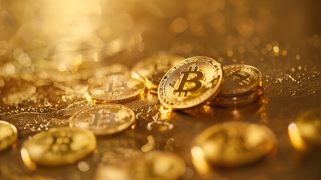 Photo la crypto-monnaie bitcoin représentée par des pièces d'or background bancaire numérique