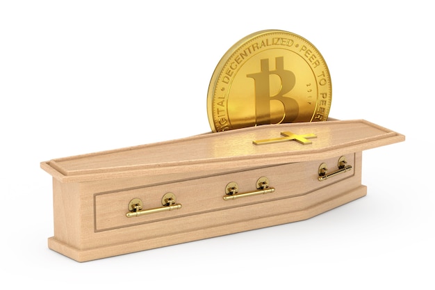 Cryptocurrencies d'or Bitcoin dans un cercueil en bois avec croix d'or et poignées sur fond blanc. Rendu 3D