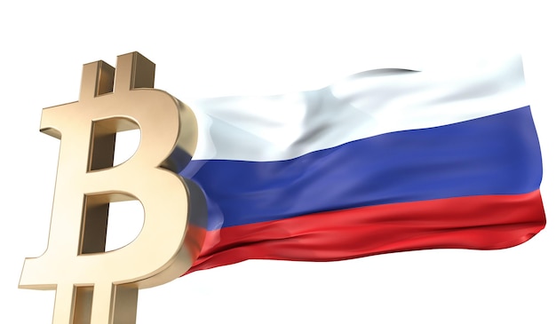 Cryptocurrency bitcoin or avec un rendu 3D du drapeau russe agitant