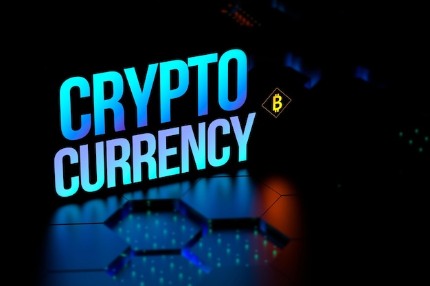 CRYPTOCURRENCY néon concept avec arrière-plan flou CRYPTO CURRENCY avec symbole bitcoin Cryptocurrency concept financier fond d'écran banner3D render