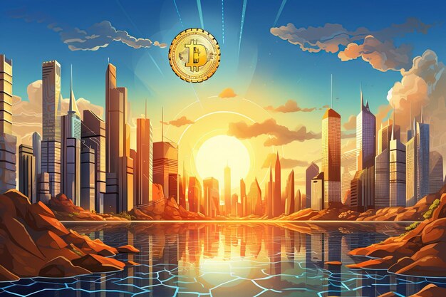 Cryptocurrency Revolution un paysage urbain futuriste avec des symboles Bitcoin en plein essor montrant l'impact des crypto-monnaies sur le monde