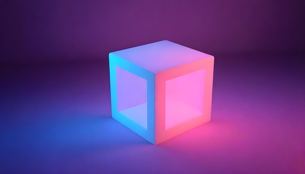 Cube 3D avec des lumières au néon brillantes éclairage au néon en arrière-planArrière-plan technologique futuriste