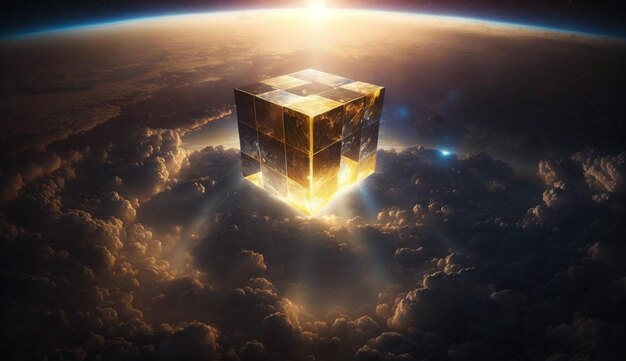 Photo cube arafed dans les nuages avec une lumière vive brillant du haut de l'ia générative