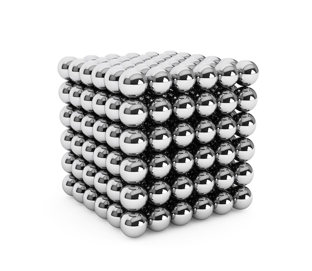 Cube assemblé à partir de petites boules sur fond blanc