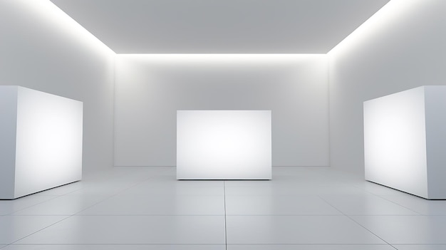 un cube blanc dans une pièce avec un tableau blanc en bas.