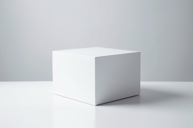 Un cube blanc est posé sur une table blanche avec un fond gris.