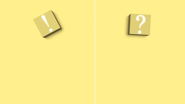 Cube blanc fond clair jaune avec point d'interrogation et point d'exclamation lumineux néon Exclamation et point d'interrogation vide pour le texte ou le rendu 3d