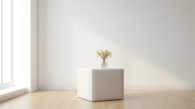 Photo le cube blanc minimaliste avec des fleurs 3d