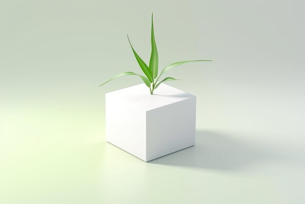 Un cube blanc avec une plante verte qui en sort