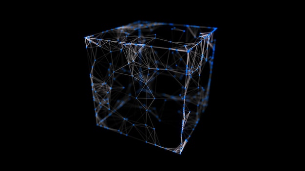 Cube bleu abstrait sur fond noir Structure carrée filaire avec particules et lignes lumineuses Illustration numérique futuriste rendu 3D